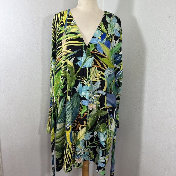 H M Dress Womens L Short Kaftan Multi Tropical Parrot Belted Vacation Resort - Picture 1 of 12